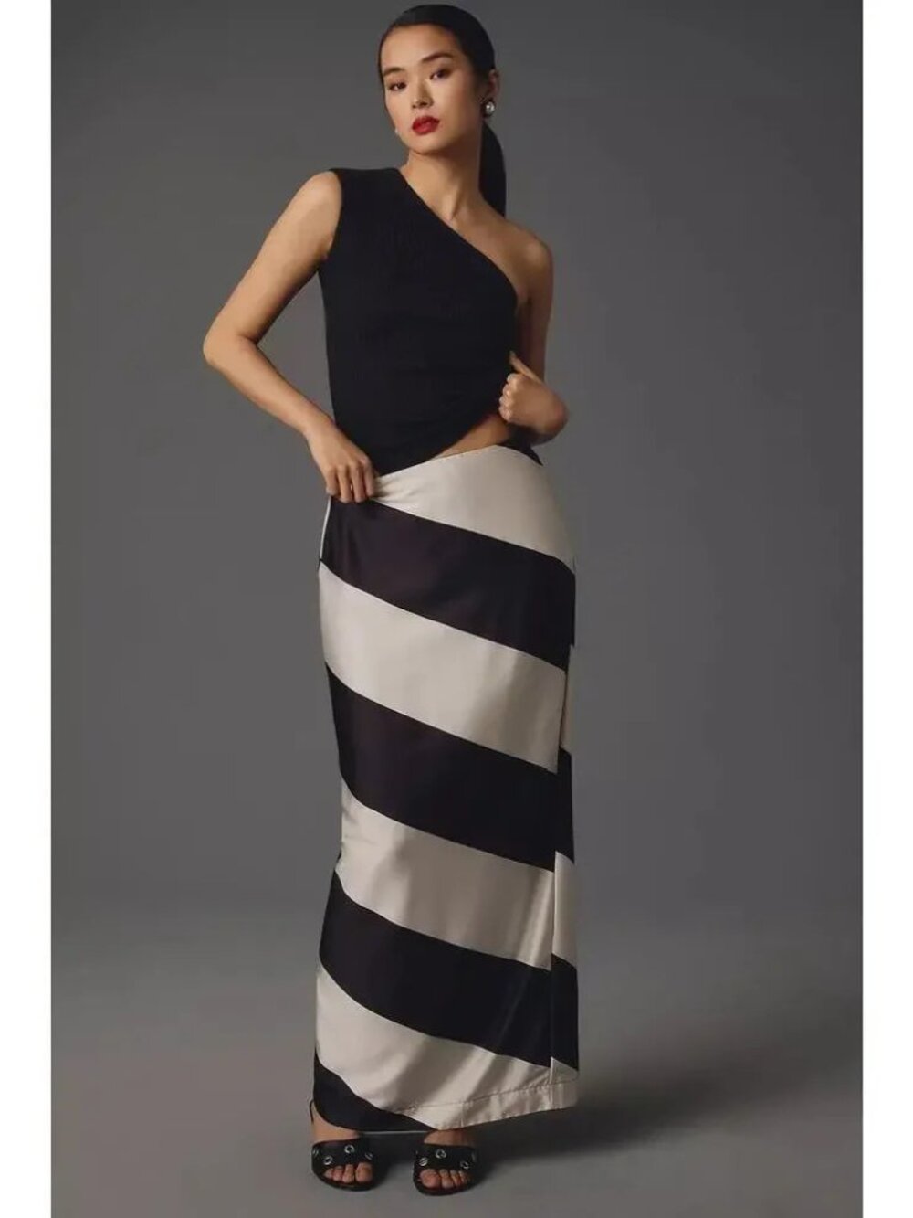 Anthropologie Maeve Black White Striped Satin Maxi Skirt